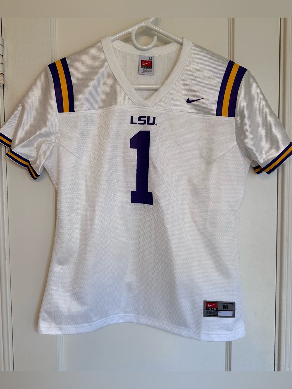 Nike LSU #1 White Women’s Football Jersey with Purple & Gold Trim